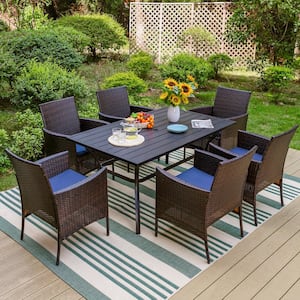 Black 7-Piece Metal Patio Outdoor Dining Set with Slat Table and Rattan Chairs with Blue Cushion