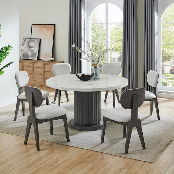Famous 7-Piece White Plus Gray Faux Marble Top Oval Dining Set with Upholstered Dining Chairs, Seats 6