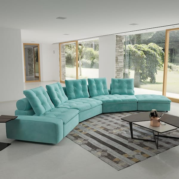 177 in. W Square Arm 4-Piece Velvet Modular Deep Seat Sectional Sofa with Removable Ottoman for Living Room in Blue