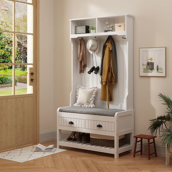 FUFU&GAGA 68.5 in. White Wood 3-in-1 Hall Tree With Storage Bench, 4-Metal Double Coats and Umbrellas Hooks and 2-Drawers, Shelves