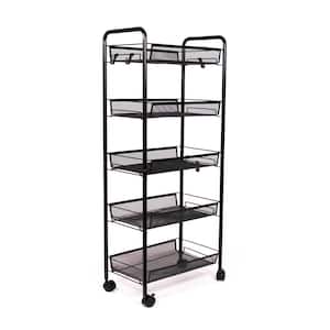 Essentials 5-Tier Metal Rolling Utility Cart with Wheels in Black, 18 in. W x 10 in. D x 41 in. H