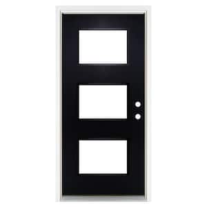 36 in. x 80 in. Left-Hand Inswing 3-Lite Low-E Glass Finished Black Fiberglass Prehung Front Door