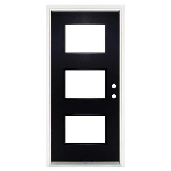 MP Doors 36 in. x 80 in. Left-Hand Inswing 3-Lite Low-E Glass Finished Black Fiberglass Prehung Front Door