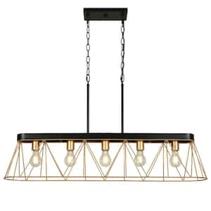 Modern Farmhouse 5-Light Matte Black Chandelier with Dark Gold Cage Shade, Hanging Lamp for Dining Room, Kitchen