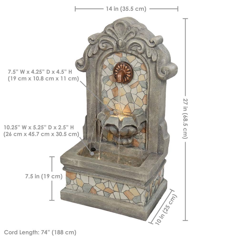 Gray Polyresin Outdoor Wall Fountain with LED Light