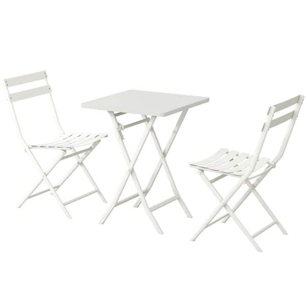 Zeus & Ruta 3-Piece Metal Outdoor Bistro Set with 2 Foldable Chairs and 1 Foldable Square Table in White