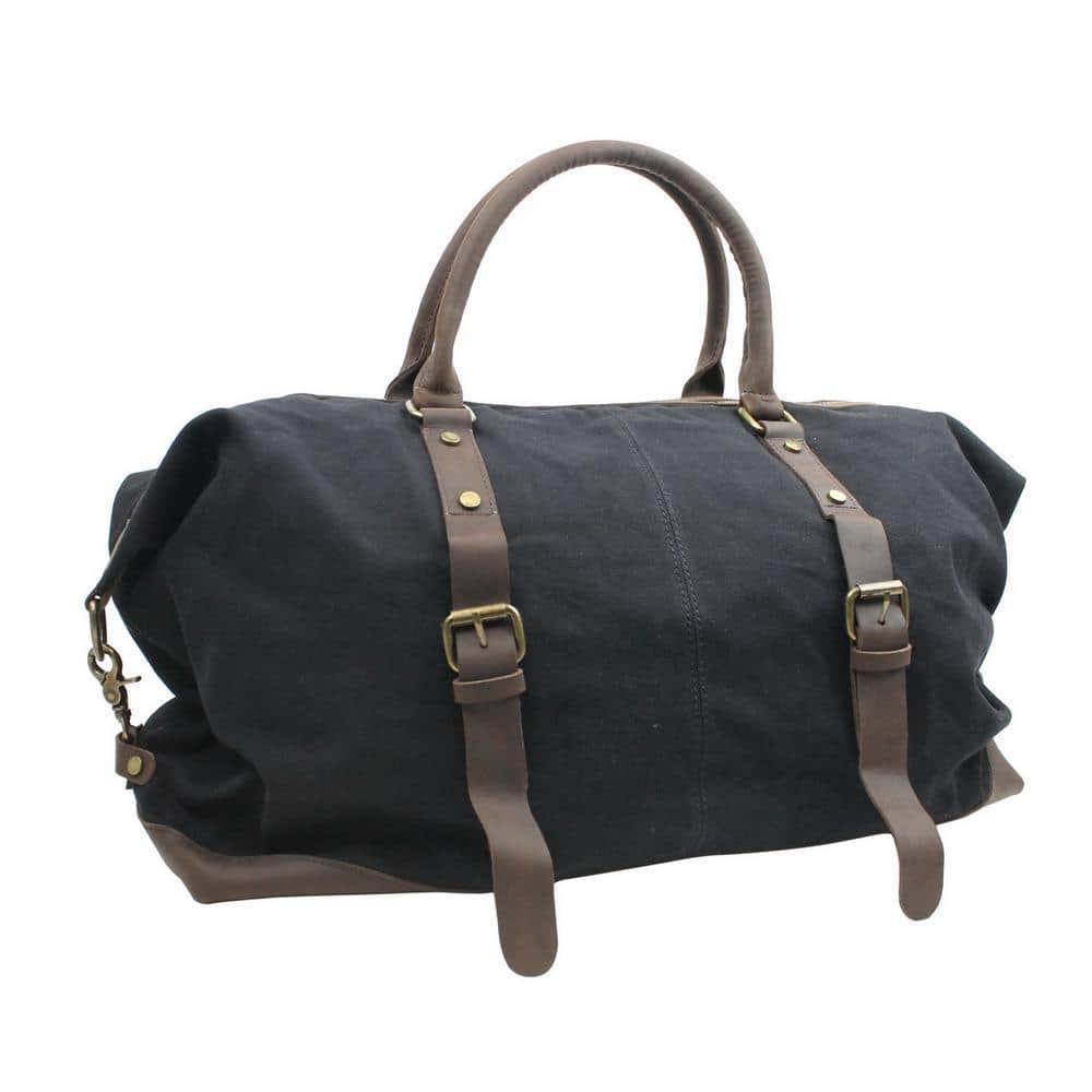 18 in. Black Medium Classic Antique Style Cotton Canvas with Full Grain Leather Overnight Duffel Bag