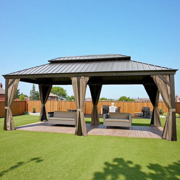 12 ft. x 20 ft. Brown Outdoor Aluminum Gazebo with Galvanized Steel Double Canopy Curtains and Netting for Deck Backyard