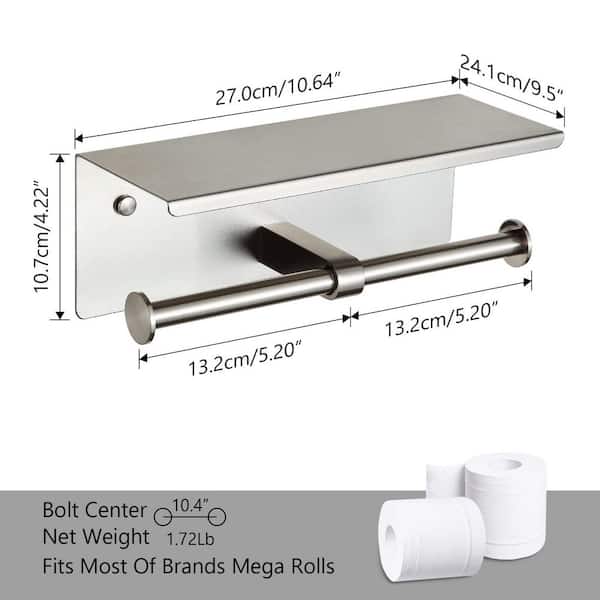 Wall-Mount Toilet Paper Holder in Brushed Nickel, Double Toilet Paper Holder with Shelf, 100% Stainless Steel 304