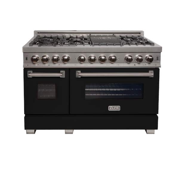 48 in. Legacy Dual Fuel Range with 7 Burners and 2 Electric Ovens in Satin Stainless Steel and Black Matte Doors