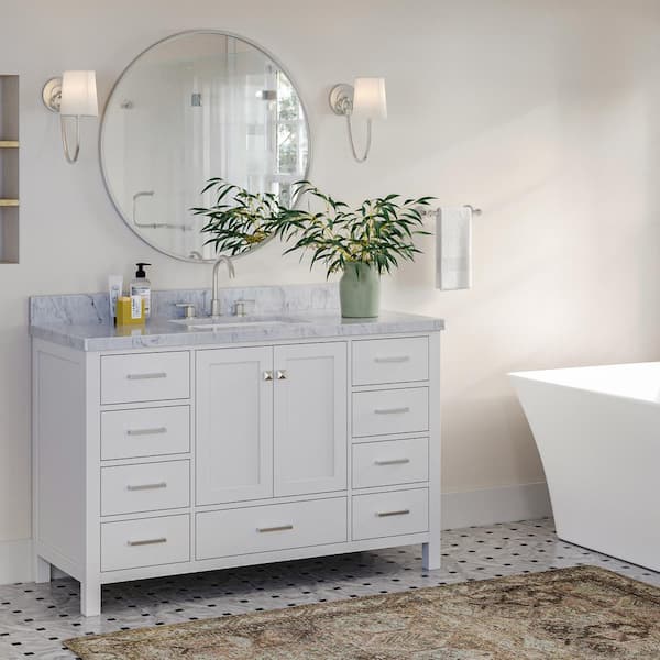 ARIEL Cambridge 55 in. W x 22 in. D x 36 in. H Bath Vanity in White with Carrara White Marble Top and Mirror