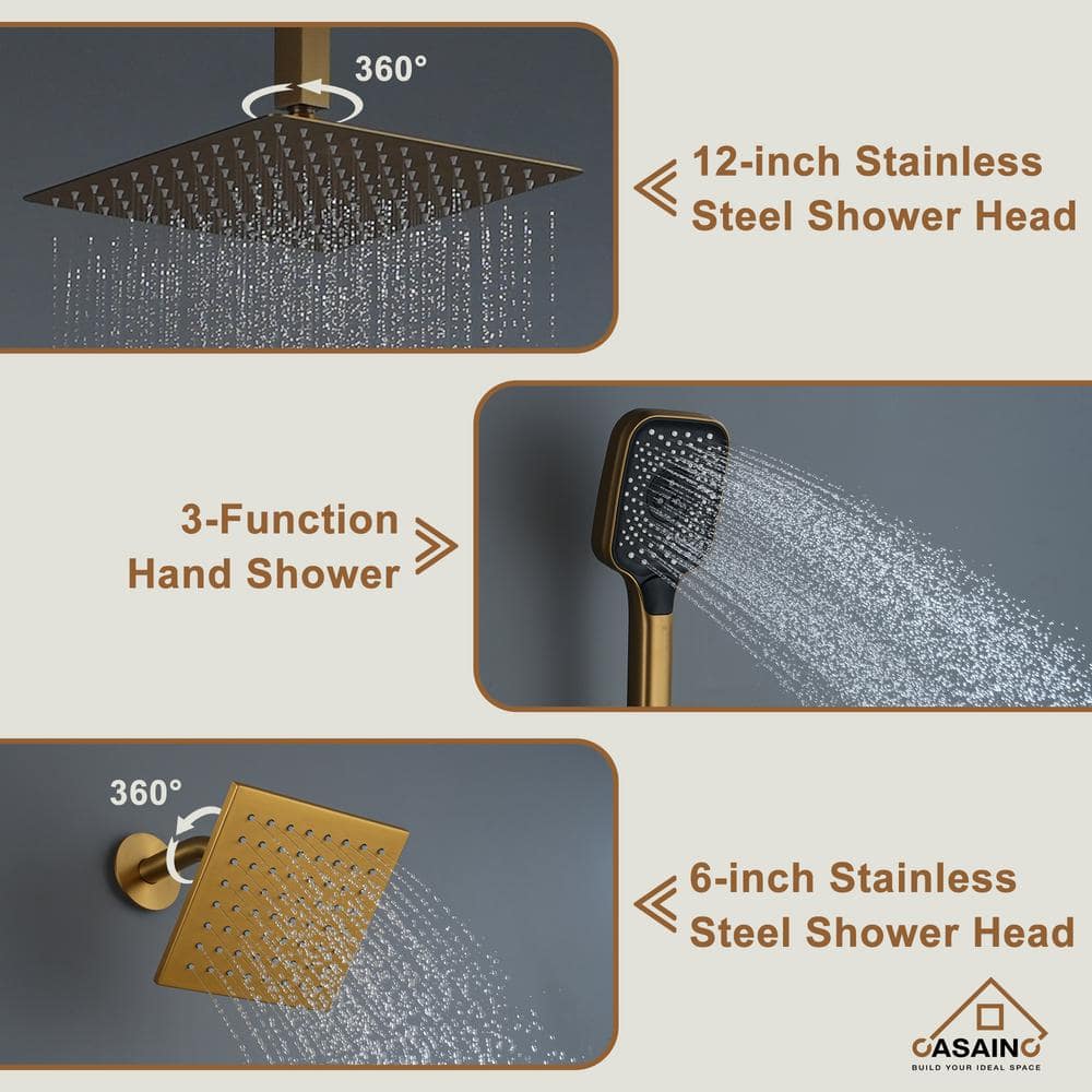 12-Inch Brushed Gold Thermostatic Dual Shower System with Handheld