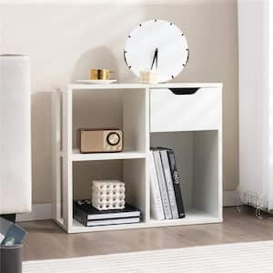 21 in. Tall White Engineered Wood 3-Shelf Bookcase with Pull-Out Drawer