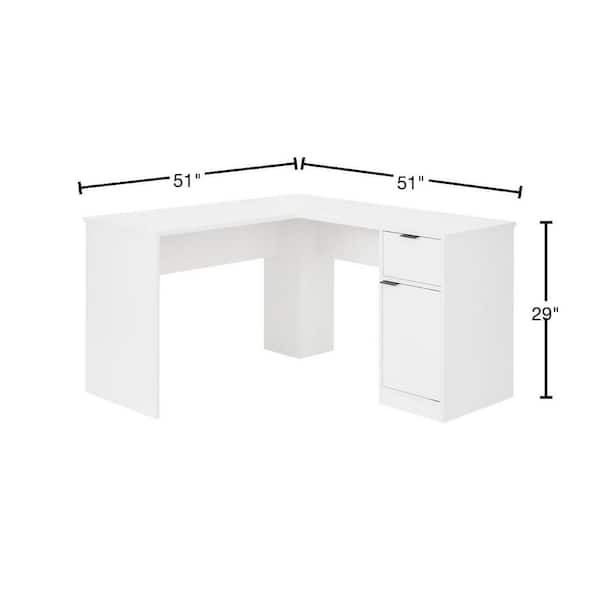 Bromley 51 in. L-Shaped White Engineered Wood 1-Drawer Desk with 1-Door Cabinet Storage and Large Working Surface Area