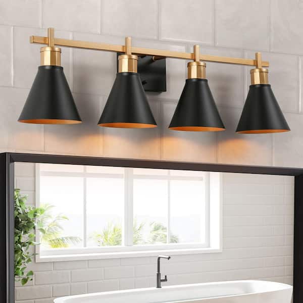 Zevni 30.5 in. Modern 4-Light Black Bathroom Vanity Light, Cone Shape Bath Lighting Brass Gold Wall Sconce