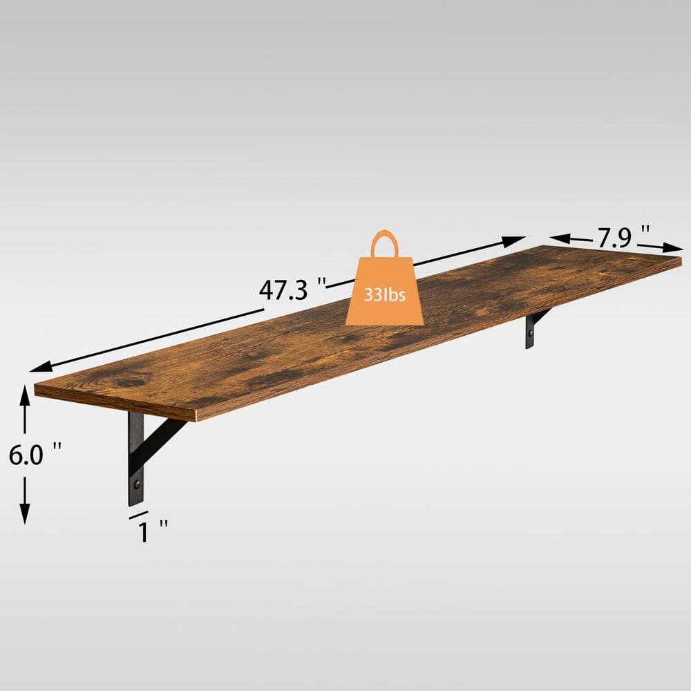 Rustic Brown 55" Wood Floating Shelves with Metal Brackets
