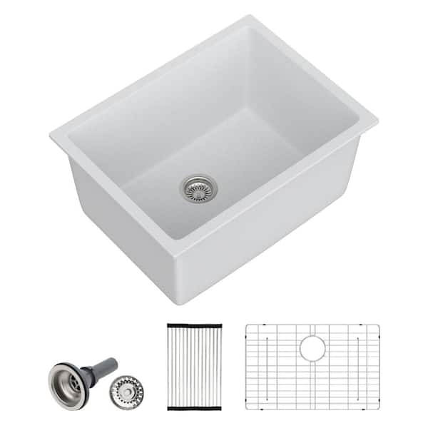 24 in. Undermount Single Bowl 12 in. Deep White Granite Composite Laundry Utility Sink with Accessories