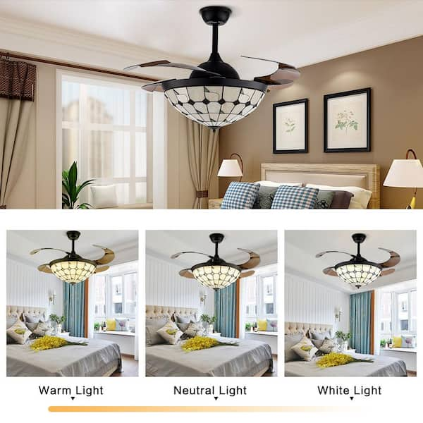 OUKANING 42 in. Vintage Indoor Retractable Blades Glass Lampshade