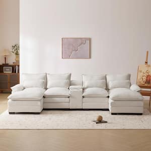 123 in. U-Shaped Chenille Sectional Sofa in. White with Console, Cupholders and USB Ports