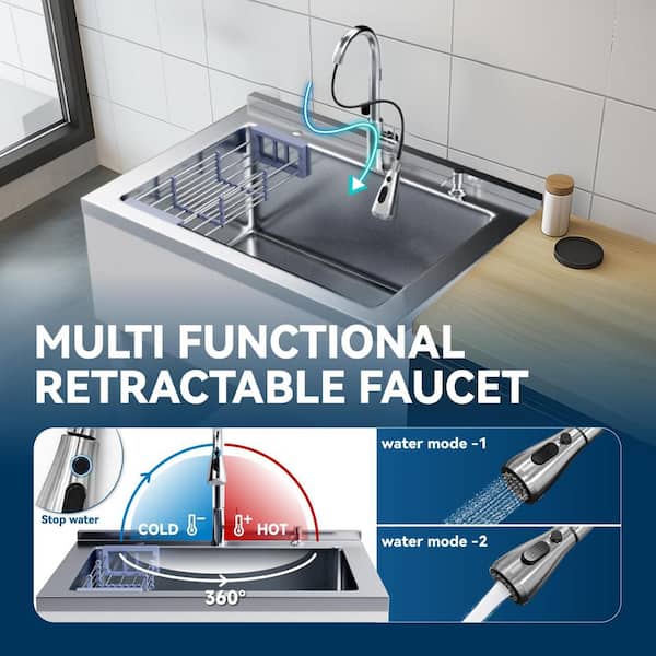 Adrinfly 20 in. D x 36 in. W Freestanding Stainless Steel Utility Sink in White with Faucet, Cold/Hot Water Hoses and Drain Kit