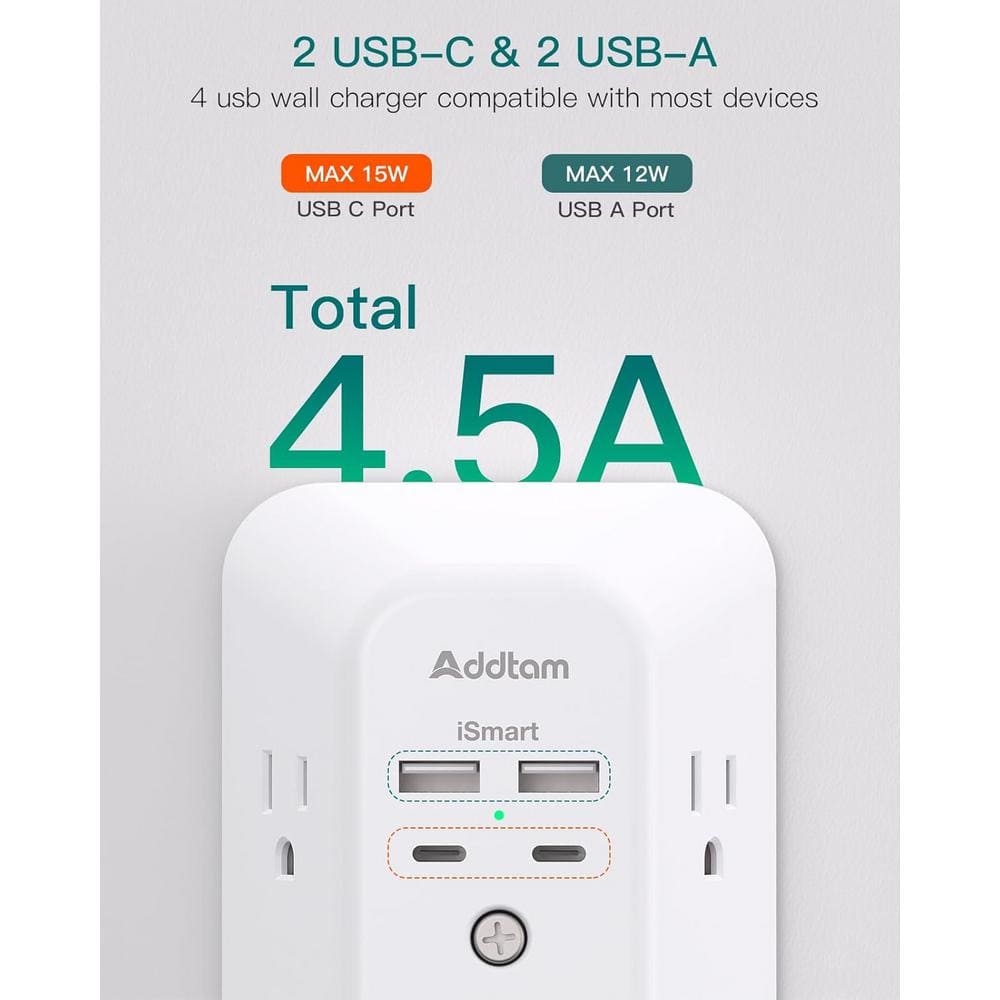 White 9-Outlet Wall Surge Protector with 4 USB Ports