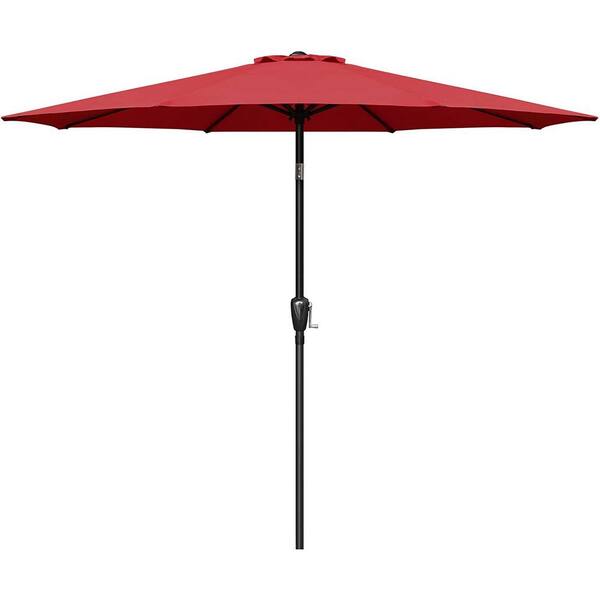 Unbranded 9 ft. Stainless Steel Crank Market Patio Umbrella in Red with Button Tilt and 8 Sturdy Ribs