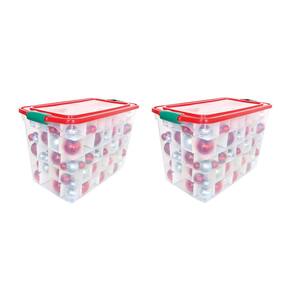 Red Lid with Green Storage Handles and Clear Base Plastic 140-Ornaments Storage Box Container (Set of 2)