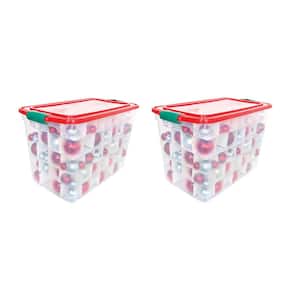 Red Lid with Green Storage Handles and Clear Base Plastic 140-Ornaments Storage Box Container (Set of 2)