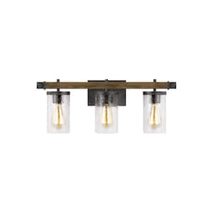 Angelo 3-Light Distressed Weathered Oak and Slate Grey Metal Bathroom Vanity Light with Clear Thick Wavy Glass Shades
