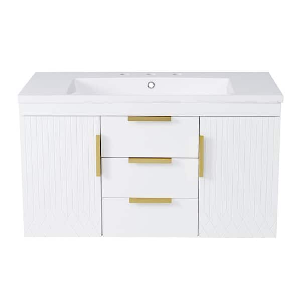Aoibox 36 in. Wall Mounted White Bath Vanity with White Resin Sink Top, Floating Storage Cabinet with 2-Drawers, 2-Doors