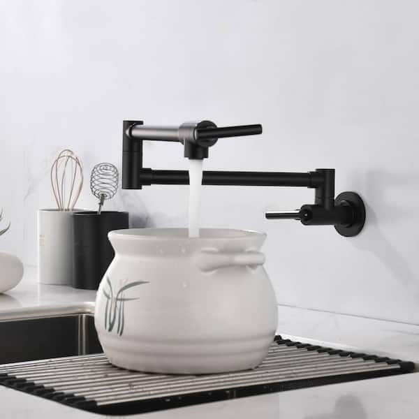 Commercial Wall Mounted Pot Filler Double-Handle Kitchen Faucet Folding Brass Swing Arm Modern Taps in Matte Black