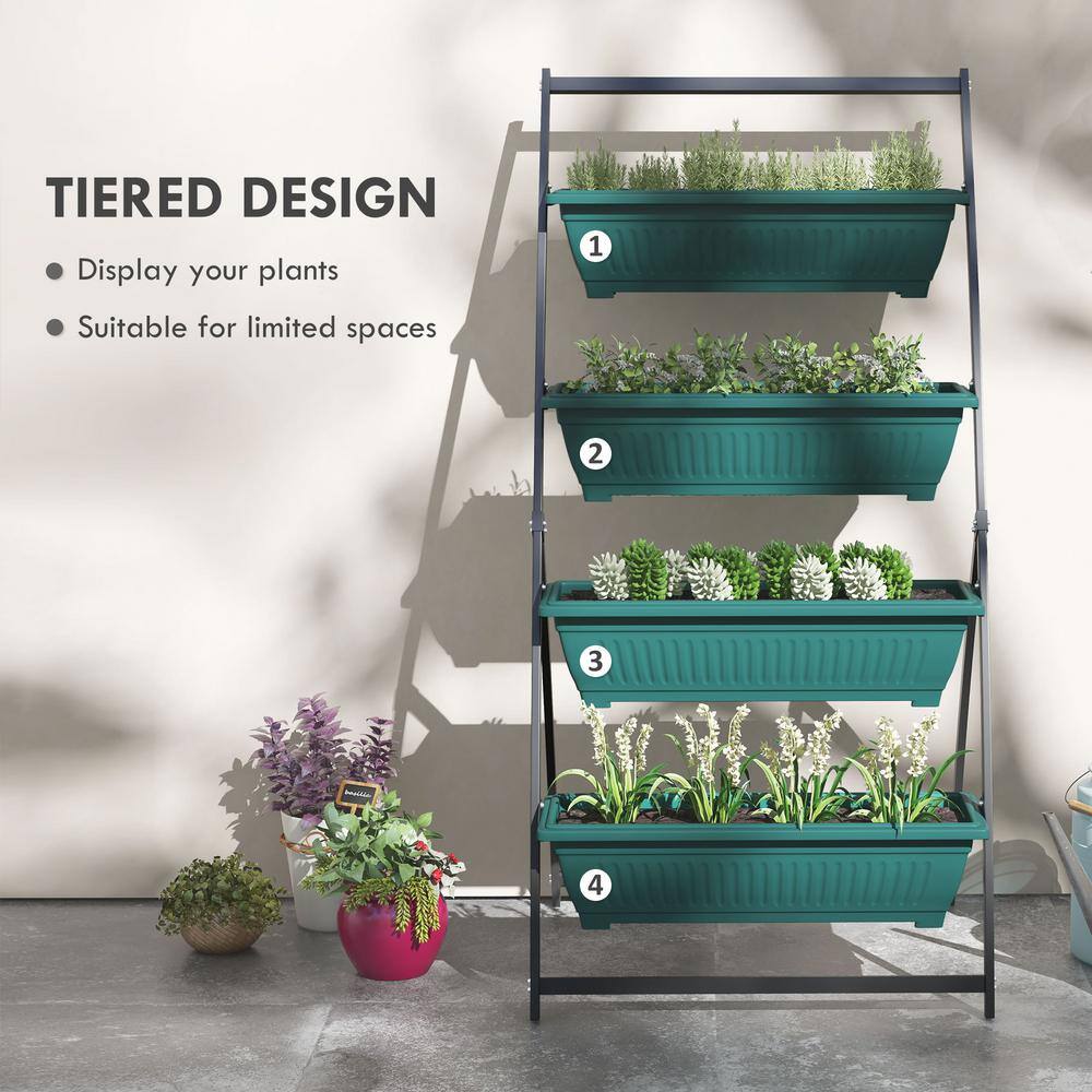 Green Plastic 4-Tier Vertical Garden Planter with Self-Draining Boxes