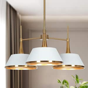 Idaikos Modern 3-Light Brass and White Chandelier Island Ceiling Light with Bell Shades for Living Room and Bedroom