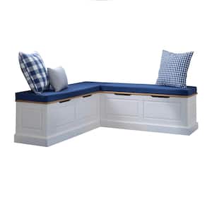 Rockhill Natural and White Breakfast Dining Bench backless Nook w Navy Blue 5 piece Cushion Set 62.4 in. W