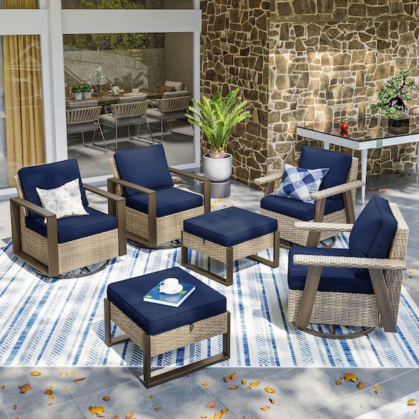 New Mixed Series 6-Piece Wicker Outdoor Patio Conversation Set with Blue Cushions and Swivel Chair