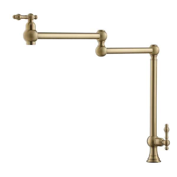 Residential Deck Mount Folding Pot Filler Kitchen Faucet with Two Handles and 360° Rotating Spout in Brushed Gold