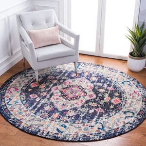 Madison Navy/Ivory 7 ft. x 7 ft. Geometric Border Floral Medallion Round Area Rug