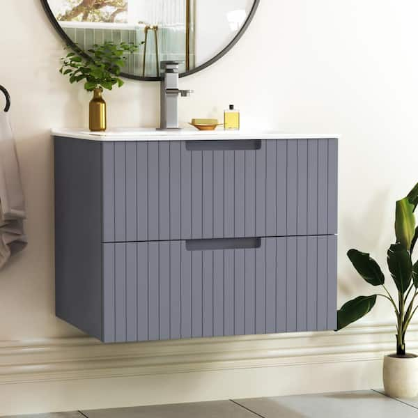 18.25 in. W. x 24 in. D x 19.25 in. H 1 Sink Wall Mounted Bath Vanity in Gray with White Ceramic Top and 2 Drawers