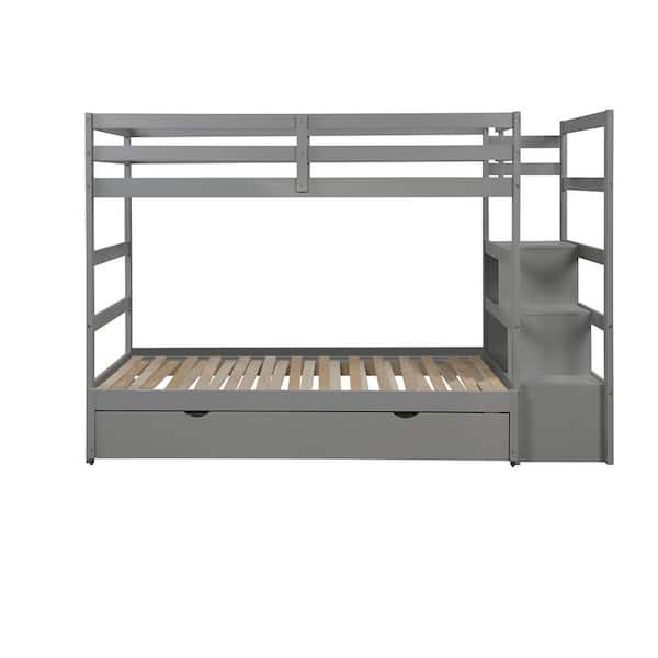 STICKON Gray Twin over Twin/King Extendable King Size Bunk Bed with Twin Size Trundle and Drawer