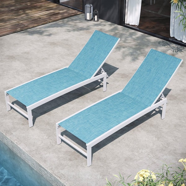 2-Piece White Aluminum Outdoor Patio Reclining Adjustable Chaise Lounge with Blue Textilene Fabric