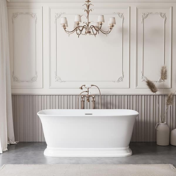 ANGELES HOME 59 in. x 31.5 in. Acrylic Freestanding Soaking Bathtub with Center Drain and Overflow in White
