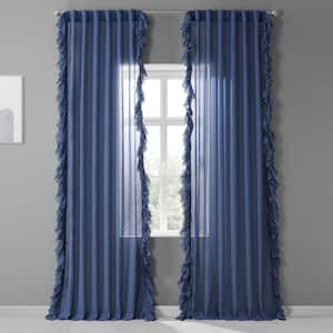 Blue Lapis Faux Linen Ruffle Sheer Rod Pocket Curtain - 50 in. W x 108 in. L (1 Panel)