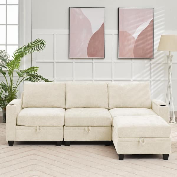 Modern 91 in. Beige Chenille Square Arm L-Shaped Storage Sofa with Cup Holder and Ottoman for Living