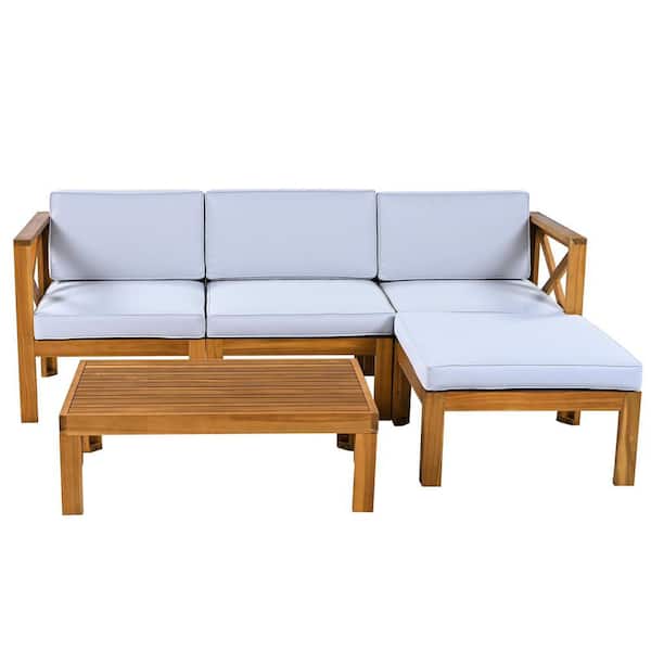 ​​Natural 5-Piece Wood Outdoor Sectional Set with Gray Cushions ​​