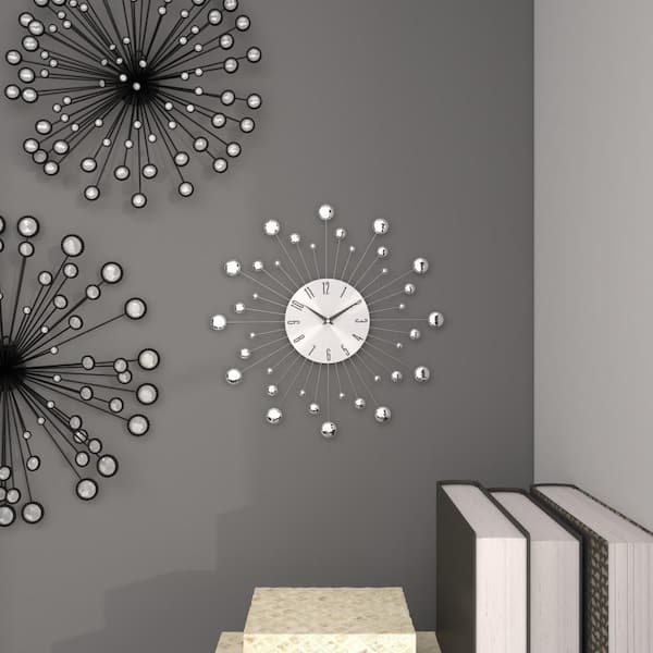15 in. x 15 in. Silver Metal Starburst Wall Clock with Crystal Accents