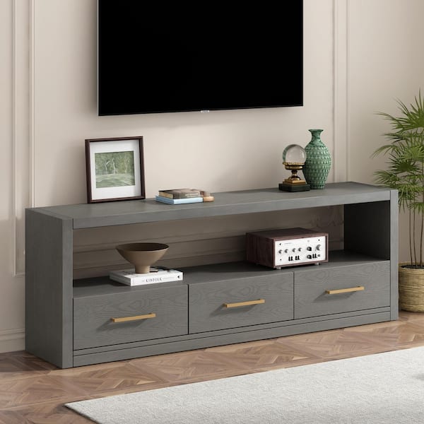 CHRISTOPHER KNIGHT HOME Rumi Modern Grey MDF TV Stand Fits TV's up to 79 in. Entertainment Center with 3-Drawers, Metal Handles, Open Storage