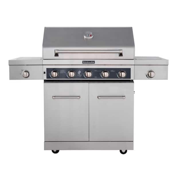 KitchenAid 5-Burner Propane Gas Grill in Stainless Steel with Sear and Side Burners plus Cover