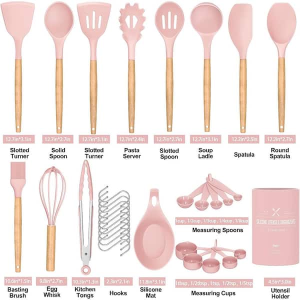 Aoibox 33-Piece Silicon Cooking Utensils Set with Wooden Handles and Holder for Non-Stick Cookware, Pink
