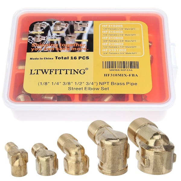 LTWFITTING Assortment Kit 1/8" 1/4" 3/8" 1/2" 3/4" NPT Brass Pipe Street Elbow Set (16-Pack)