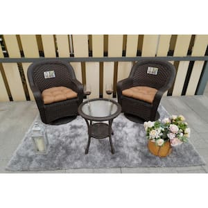 3-Piece Dark Brown Wicker Patio Outdoor Bistro Set with Round Coffee Table and Brown Cushions
